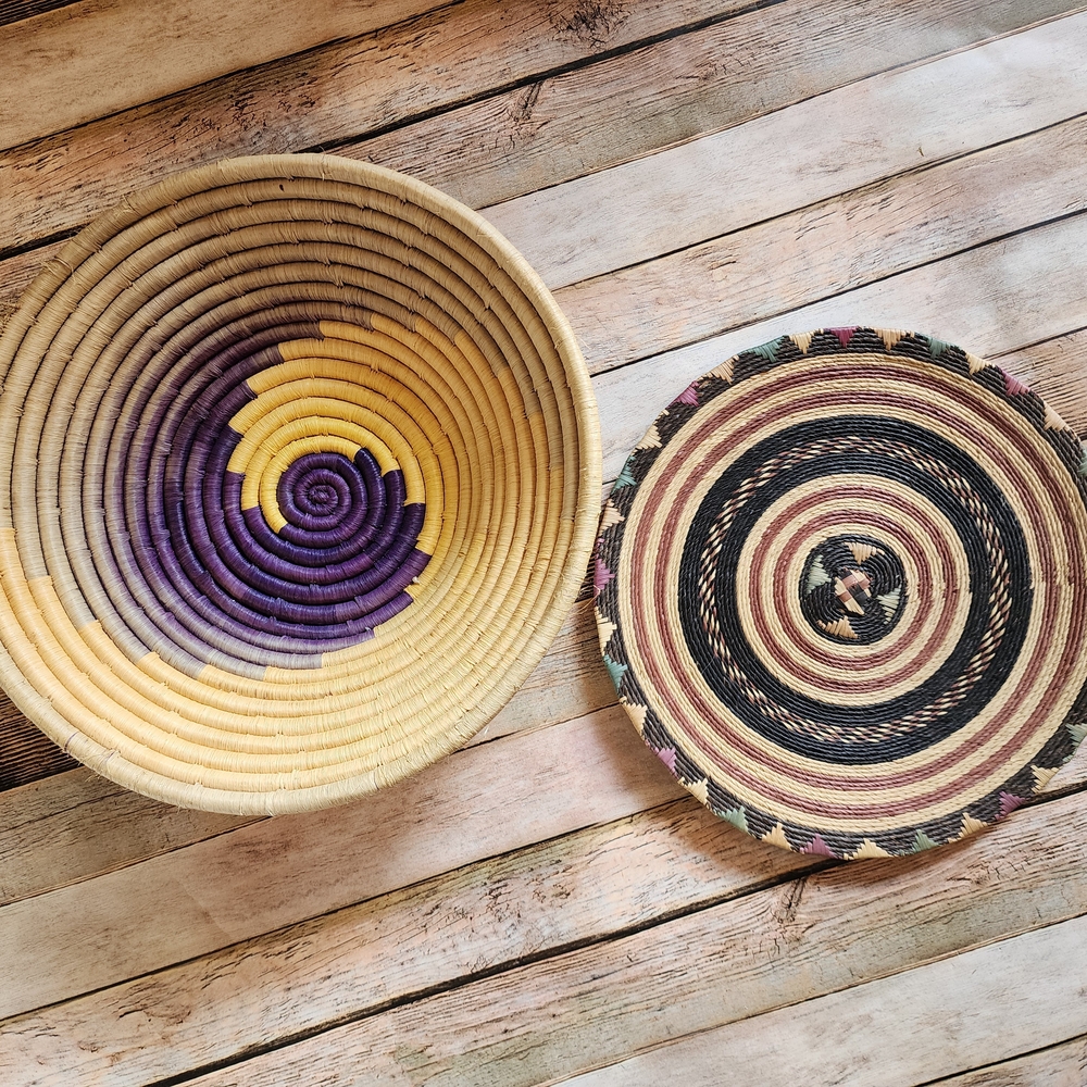 Vintage Native Style Natural Fiber Coil Basket & Woven Decorative Mat